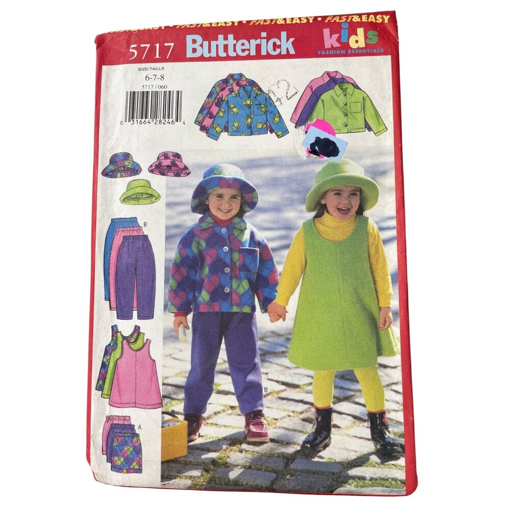 90s Butterick 5717 Sewing Pattern Sizes 6-7-8 Jacket Jumper Skirt Pant Hat UNCUT
